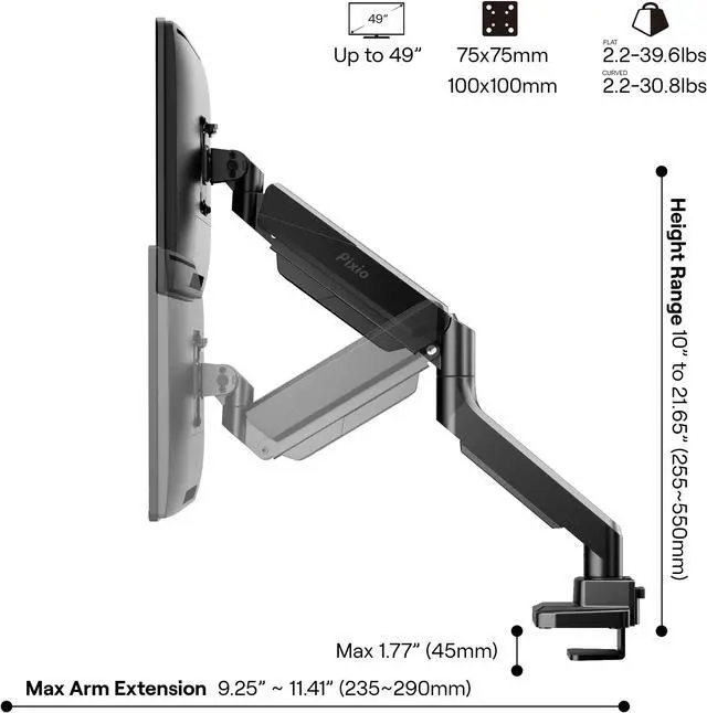 Alt view image 4 of 7 - Pixio PS2S Heavy-duty Gas Spring Fully Adjustable Universal Mount 100x100mm 75x75mm Premium Single Monitor Desk Mount, Supports monitors up to 49" 30.8lbs (curved) 39.6" (flat)