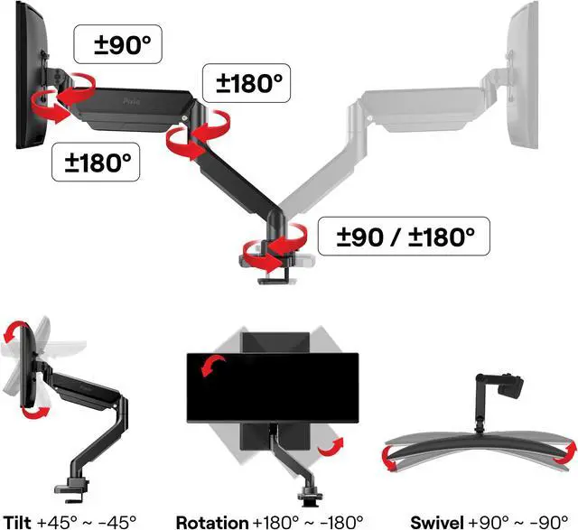 Alt view image 7 of 7 - Pixio PS2S Heavy-duty Gas Spring Fully Adjustable Universal Mount 100x100mm 75x75mm Premium Single Monitor Desk Mount, Supports monitors up to 49" 30.8lbs (curved) 39.6" (flat)