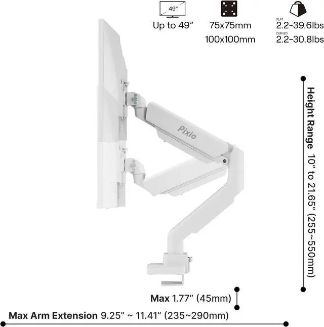 Alt view image 4 of 7 - Pixio PS2S White Edition Heavy-duty Gas Spring Fully Adjustable Universal Mount 100x100mm 75x75mm Premium Single Monitor Desk Mount, Supports monitors up to 49" 30.8lbs (curved) 39.6" (flat) White
