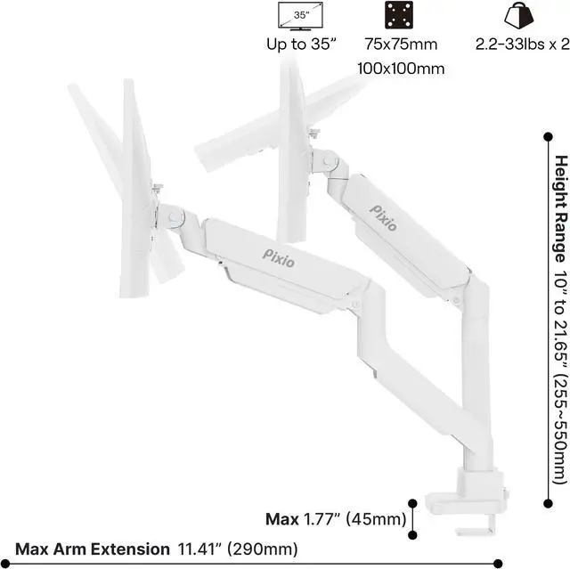 Alt view image 4 of 7 - Pixio PS2D White Edition Heavy-duty Gas Spring Fully Adjustable Universal Mount 100x100mm 75x75mm Premium Dual Monitor Desk Mount, Supports two monitors up to 35" & 33lbs