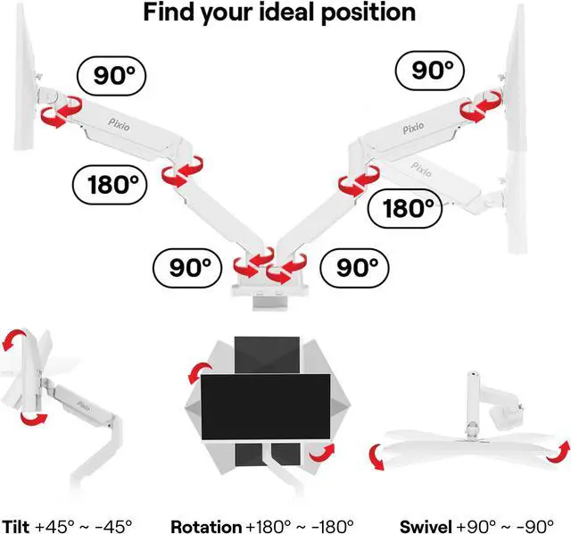 Alt view image 7 of 7 - Pixio PS2D White Edition Heavy-duty Gas Spring Fully Adjustable Universal Mount 100x100mm 75x75mm Premium Dual Monitor Desk Mount, Supports two monitors up to 35" & 33lbs