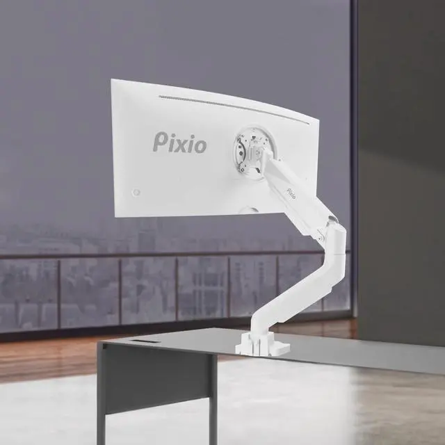 Main image of Pixio PS2S White Edition Heavy-duty Gas Spring Fully Adjustable Universal Mount 100x100mm 75x75mm Premium Single Monitor Desk Mount, Supports monitors up to 49" 30.8lbs (curved) 39.6" (flat) White