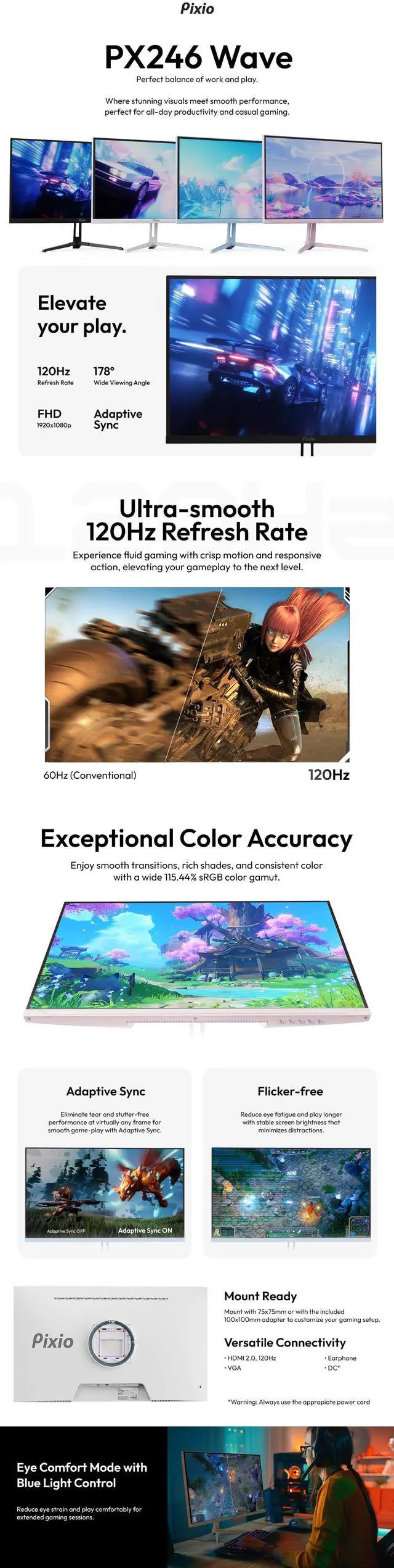 Alt view image 7 of 7 - Pixio PX246 Wave Purple 24 inch 120Hz Refresh Rate FHD 1080p Resolution IPS Panel 4ms GTG Response Time Gaming Monitor with Adaptive Sync