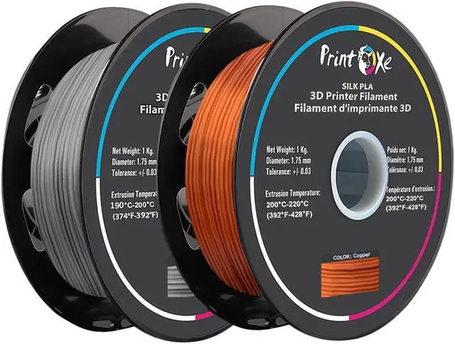 Main image of PrintOxe® 3D PLA like SILK Filament 2 Packs of Silver and Copper Colours for 3D Printers 1.75 mm Diameter Each Weight 1 Kg Net on Spool (2.2 LBs) Dimensional Accuracy +/- 0.03 mm