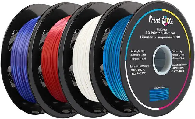 Main image of 3D PLA like SILK Filament 4 Packs of Violet / Red / White / BlueColours for 3D Printers 1.75 mm Diameter Each Weight 1 Kg Net on Spool (2.2 LBs) Dimensional Accuracy +/- 0.03 mm