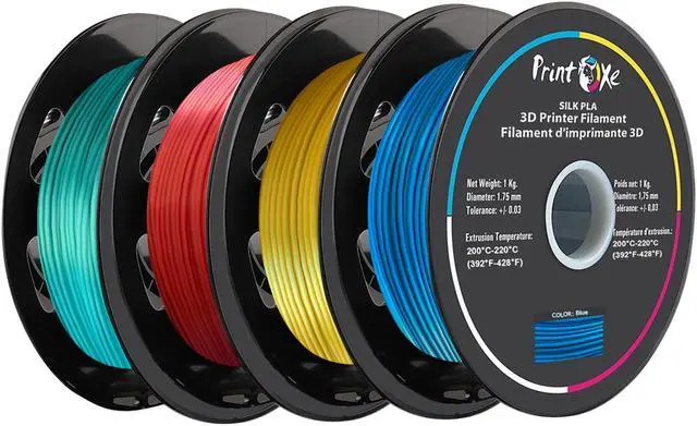 Main image of PrintOxe® 3D PLA like SILK Filament 4 Packs of Green / Red / Yellow / Blue Colours for 3D Printers 1.75 mm Diameter Each Weight 1 Kg Net on Spool (2.2 LBs) Dimensional Accuracy +/- 0.03 mm