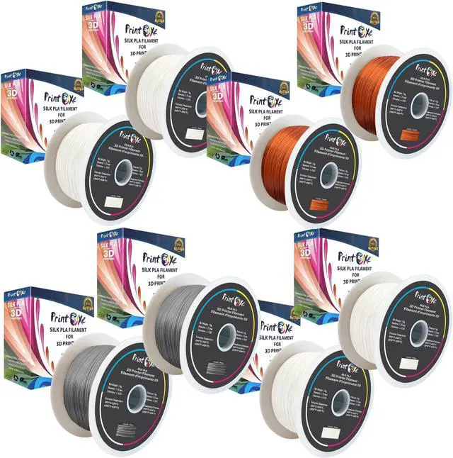 Main image of 3D PLA like SILK Filament 8 Packs; 4 White , 2 Copper , & 2 Silver Colours 1.75 mm Diameter Each Weight 1 Kg Net (Semi Shiny) Total Net 8 Kg. PRINTOXE Brand