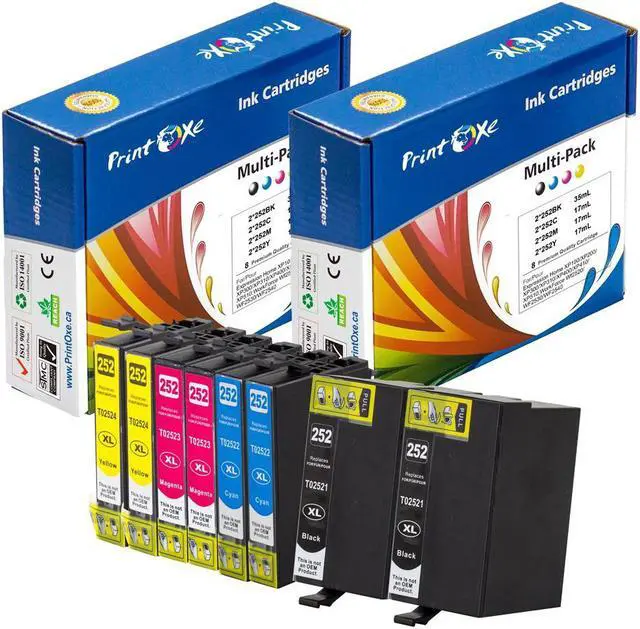 Main image of 8 Ink Cartridges 252XL / T252 High Yield; 2 Black T2521, 2 Cyan T2522 , 2 MagentaT2523, 2 Yellow T2524 (2 Sets) for use in Epson WorkForce WF-3620 , WF-3640 , WF-7610 , WF-7620 Printers
