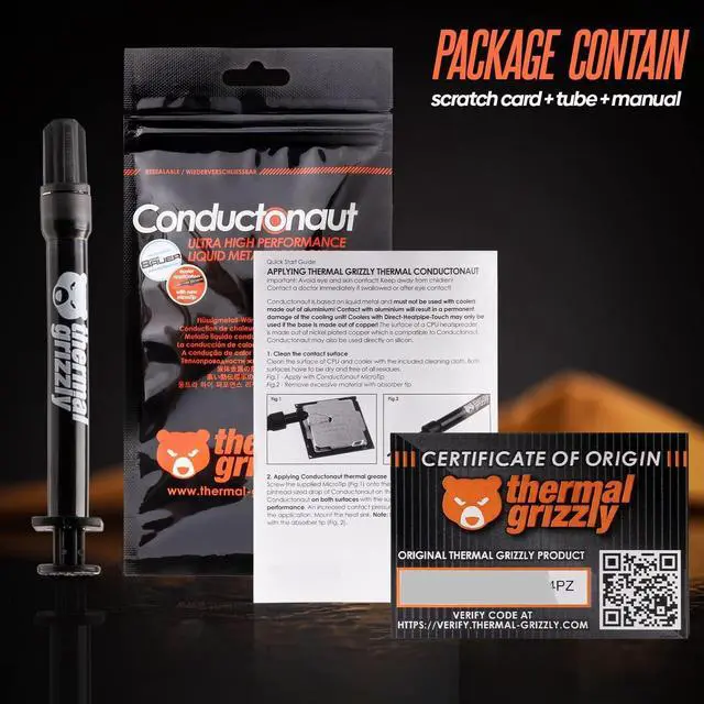 Alt view image 4 of 6 - Thermal Grizzly Conductonaut Thermal Grease - Gram Set + Extra Applicators - Liquid Metal Thermal Paste for Cooling The CPU, GPU (Conductonaut) (5g Combo)
