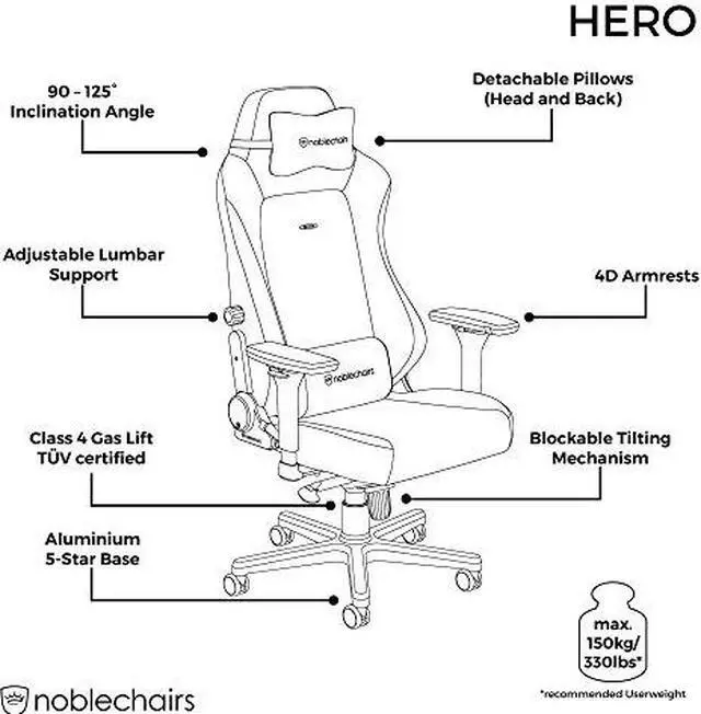 Alt view image 3 of 7 - noblechairs HERO Ergonomic Gaming & Office Chair - Faux Vegan Leather, Reclining Backrest, Lockable Tilt, Lumbar Support, 4D Armrests, Supports Up to 150 kg - Java Edition