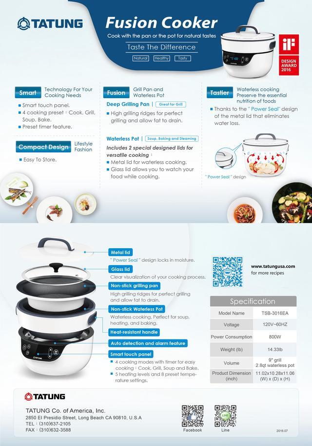 Alt view image 3 of 7 - TATUNG Fusion Cooker Grill Pan and Waterless Pot - 4 Cooking Modes, Cook, Grill, Soup, Bake and Waterless Cook
