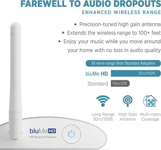 Alt view image 4 of 9 - auris blume hd long range bluetooth 5.0 music receiver hi-fi wireless audio adapter with audiophile dac & aptx hd for streaming