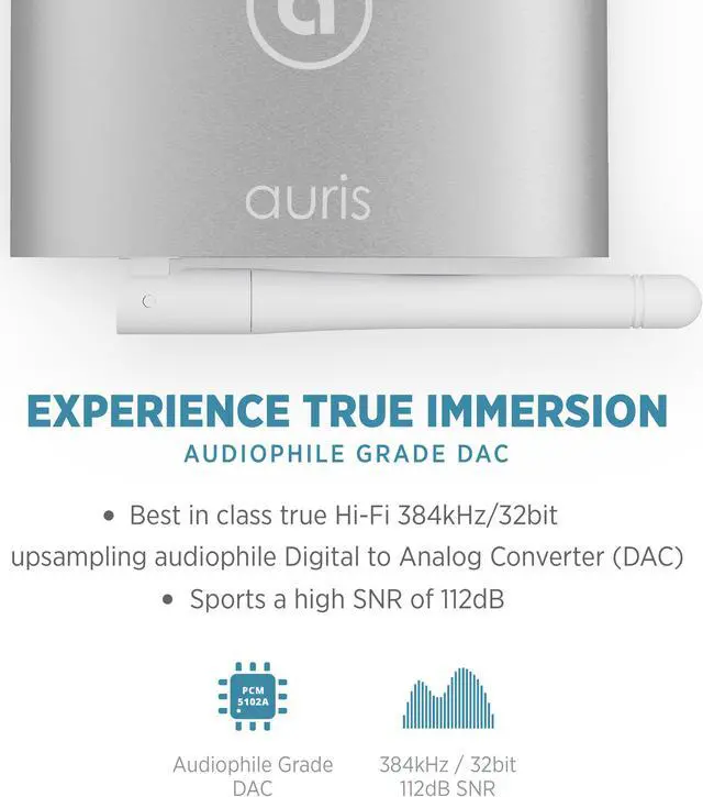 Alt view image 6 of 9 - auris blume hd long range bluetooth 5.0 music receiver hi-fi wireless audio adapter with audiophile dac & aptx hd for streaming