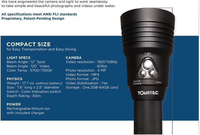 Alt view image 6 of 7 - Tovatec MERA1080 1000 Lumen Divelight with Integrated 1080P HD Underwater Camera Black Compact