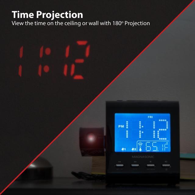 Alt view image 9 of 12 - Magnasonic Projection Alarm Clock with AM/FM Radio, Battery Backup, Auto Time Set, Dual Alarm, Nap/Sleep Timer, Indoor Temperature/Date Display with Dimming & 3.5mm Audio Input - Black (EAAC601)