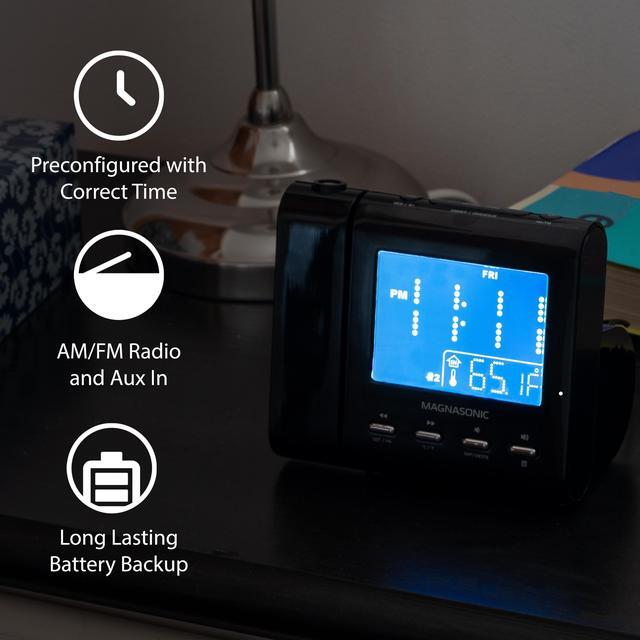 Alt view image 11 of 12 - Magnasonic Projection Alarm Clock with AM/FM Radio, Battery Backup, Auto Time Set, Dual Alarm, Nap/Sleep Timer, Indoor Temperature/Date Display with Dimming & 3.5mm Audio Input - Black (EAAC601)