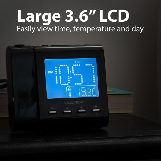 Alt view image 12 of 12 - Magnasonic Projection Alarm Clock with AM/FM Radio, Battery Backup, Auto Time Set, Dual Alarm, Nap/Sleep Timer, Indoor Temperature/Date Display with Dimming & 3.5mm Audio Input - Black (EAAC601)