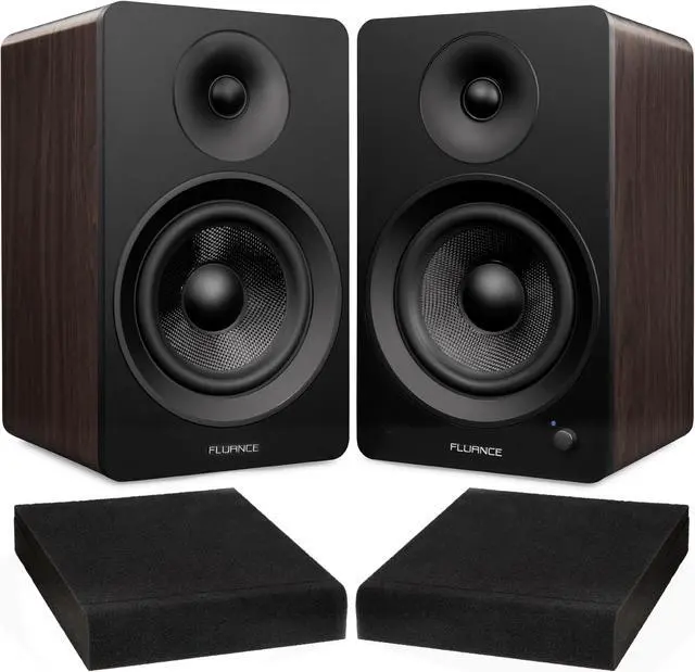 Main image of Fluance Ai61 Natural Walnut Powered 2.0 Stereo Bookshelf Speakers with 6.5" Drivers, 120W Amplifier for Turntable, TV, PC and Bluetooth 5 and High Density Acoustic Foam Isolation Pads 10" x7.5"