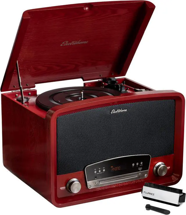Main image of Electrohome Kingston 7-in-1 Vintage Vinyl Record Player - 3-Speed Turntable Bluetooth AM/FM Radio CD Aux In RCA/Headphone Out Vinyl/CD to MP3 Recording & USB Playback with Vinyl Record Cleaning Kit