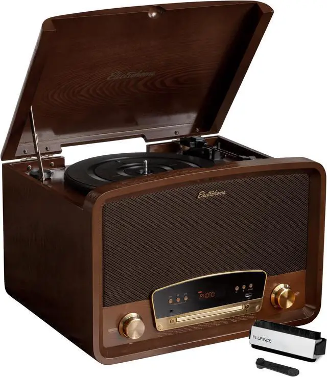 Main image of Electrohome Kingston 7-in-1 Vintage Vinyl Record Player - 3-Speed Turntable Bluetooth AM/FM Radio CD Aux In RCA/Headphone Out Vinyl/CD to MP3 Recording & USB Playback with Vinyl Record Cleaning Kit