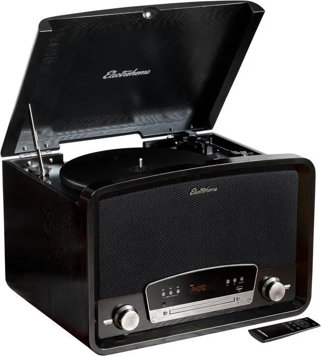 Main image of Electrohome Kingston 7-in-1 Vintage Vinyl Record Player Stereo System with 3-Speed Turntable, Bluetooth, AM/FM Radio, CD, Aux In, RCA/Headphone Out, Vinyl/CD to MP3 Recording & USB Playback (RR75B)
