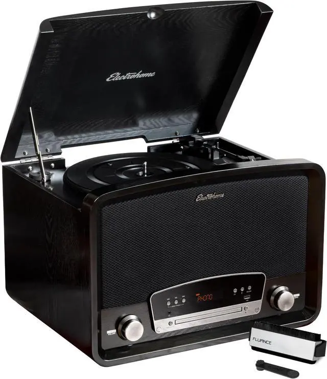 Main image of Electrohome Kingston 7-in-1 Vintage Vinyl Record Player - 3-Speed Turntable Bluetooth AM/FM Radio CD Aux In RCA/Headphone Out Vinyl/CD to MP3 Recording & USB Playback with Vinyl Record Cleaning Kit