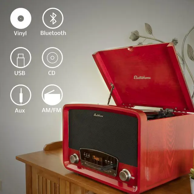 Alt view image 4 of 7 - Electrohome Kingston 7-in-1 Vintage Vinyl Record Player Stereo System with 3-Speed Turntable, Bluetooth, AM/FM Radio, CD, Aux In, RCA/Headphone Out, Vinyl/CD to MP3 Recording & USB Playback (RR75B)