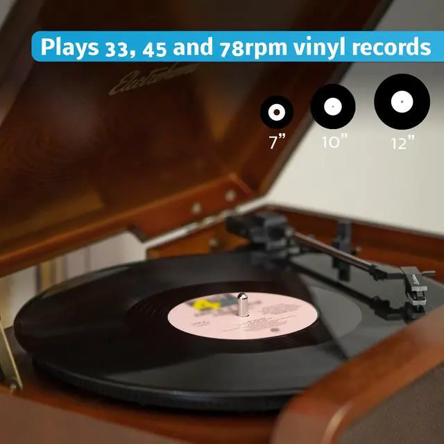 Alt view image 2 of 7 - Electrohome Kingston 7-in-1 Vintage Vinyl Record Player Stereo System with 3-Speed Turntable, Bluetooth, AM/FM Radio, CD, Aux In, RCA/Headphone Out, Vinyl/CD to MP3 Recording & USB Playback (RR75C)