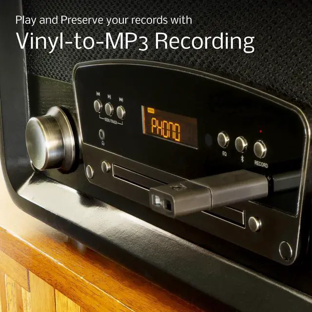 Alt view image 6 of 7 - Electrohome Kingston 7-in-1 Vintage Vinyl Record Player Stereo System with 3-Speed Turntable, Bluetooth, AM/FM Radio, CD, Aux In, RCA/Headphone Out, Vinyl/CD to MP3 Recording & USB Playback (RR75C)