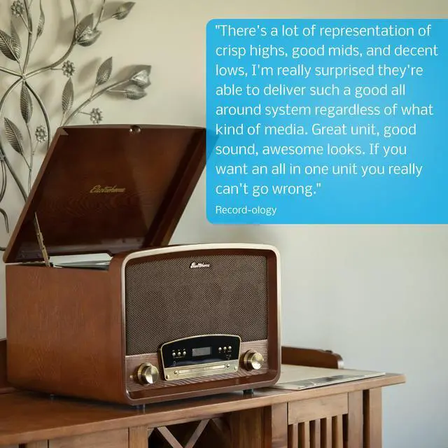 Alt view image 5 of 7 - Electrohome Kingston 7-in-1 Vintage Vinyl Record Player Stereo System with 3-Speed Turntable, Bluetooth, AM/FM Radio, CD, Aux In, RCA/Headphone Out, Vinyl/CD to MP3 Recording & USB Playback (RR75C)