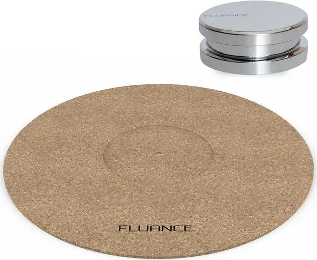 Main image of Fluance Cork Platter Mat and HiFi Vinyl Record Weight 760 gram Steel LP Disc Stabilizer Turntable Accessory with Protective Velvet Pad for Vibration Damping (RW02)