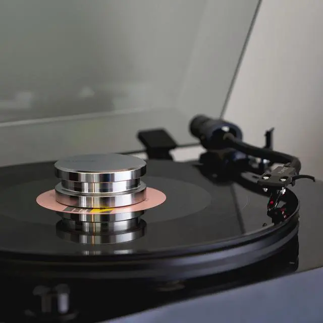 Alt view image 4 of 5 - Fluance Cork Platter Mat and HiFi Vinyl Record Weight 760 gram Steel LP Disc Stabilizer Turntable Accessory with Protective Velvet Pad for Vibration Damping (RW02)