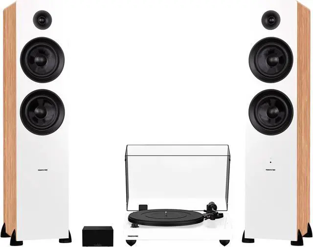 Main image of Fluance RT82 Reference High Fidelity Vinyl Turntable (White), PA10 Phono Preamp and Ai81 Powered Floorstanding Speakers (Bamboo), Ortofon OM10 Cartridge, 150W Class D Amplifier, Bluetooth