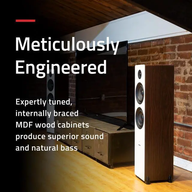 Alt view image 5 of 7 - Fluance Ai81 Elite Powered 2-Way Floorstanding Tower Speakers, 150W Built-in Amplifier for 2.0 Stereo Music & Movie Listening, TV, Turntable, PC & Bluetooth - 2x RCA, Optical, Sub Out (Natural Walnut)