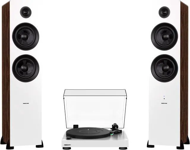 Main image of Fluance RT81 Elite High Fidelity Vinyl Turntable (White) with Ai81 Powered 2-Way Floorstanding Speakers (White Walnut), Diamond Stylus, Belt Drive, Built-in Preamp, 150W Class D Amplifier, Bluetooth