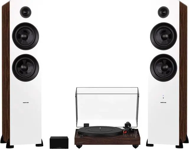 Main image of Fluance RT83 Reference High Fidelity Vinyl Turntable (Walnut), PA10 Phono Preamp and Ai81 Powered Floorstanding Speakers (White Walnut), Ortofon 2M Red Cartridge, 150W Class D Amplifier, Bluetooth