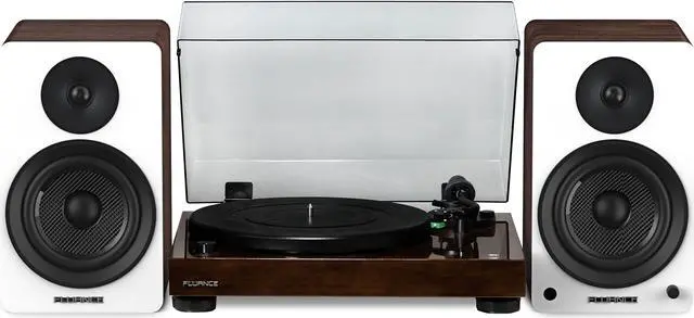 Main image of Fluance RT81 Elite High Fidelity Vinyl Turntable (Walnut) with Ai61 Powered 6.5" Stereo Bookshelf Speakers (White Walnut), Diamond Stylus, Belt Drive, Built-in Preamp, 90W Class D Amplifier, Bluetooth