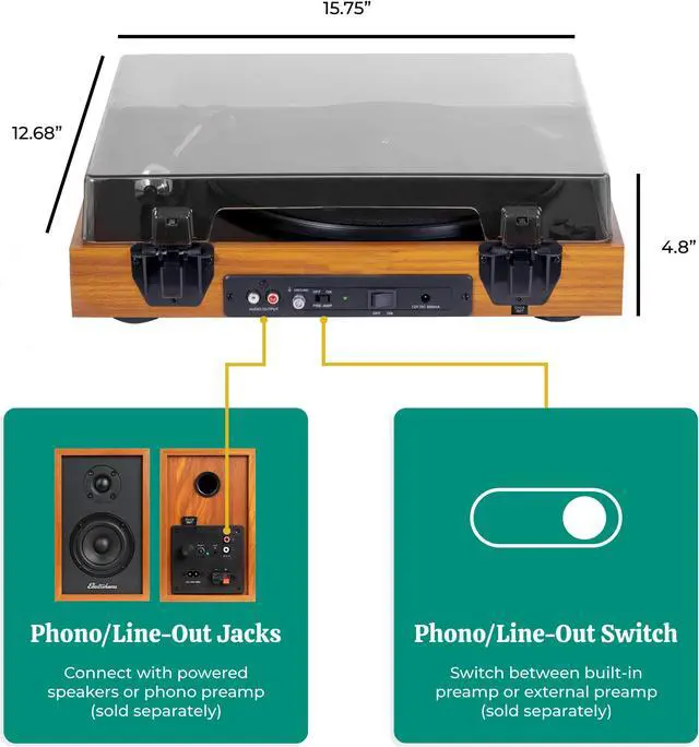 Alt view image 6 of 7 - Electrohome Montrose Wireless Vinyl Record Player 2-Speed Belt-Drive Turntable, with Audio-Technica Stylus, Bluetooth, Vinyl-to-MP3 Recording, Speed Control Motor, Built-in Preamp, Wood Plinth (RR36)