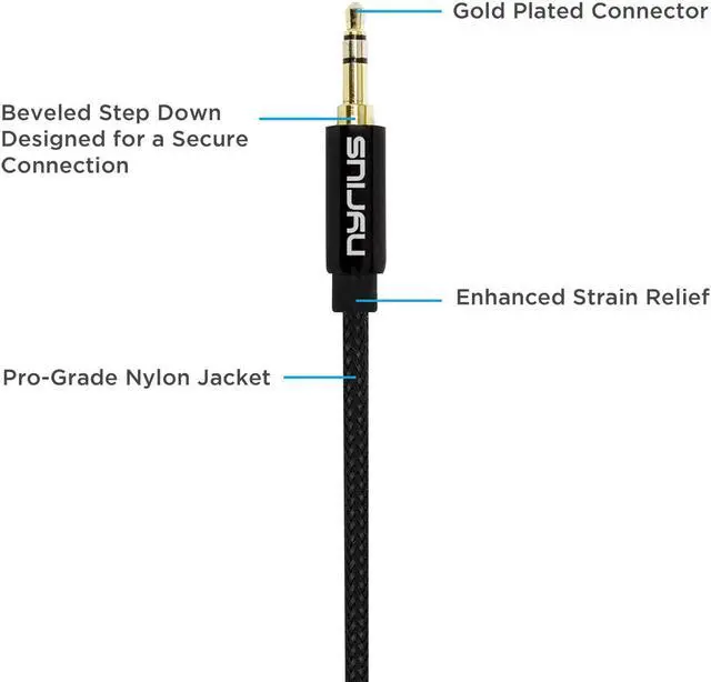 Alt view image 2 of 10 - Nyrius Premium Grade 3.5mm Auxiliary Audio Cable (3 Feet) with Tangle Free Braided Protective Shielding & Gold Plated Step Down Connector for Smartphones, Tablets, Home Stereo, Car Audio (AC03).