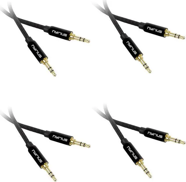 Main image of Nyrius Premium Grade 3.5mm Auxiliary Audio Cable (3 Feet) with Tangle Free Braided Protective Shielding & Gold Plated Step Down Connector for Smartphones, Tablets, Home Stereo, Car Audio - 4 Pack