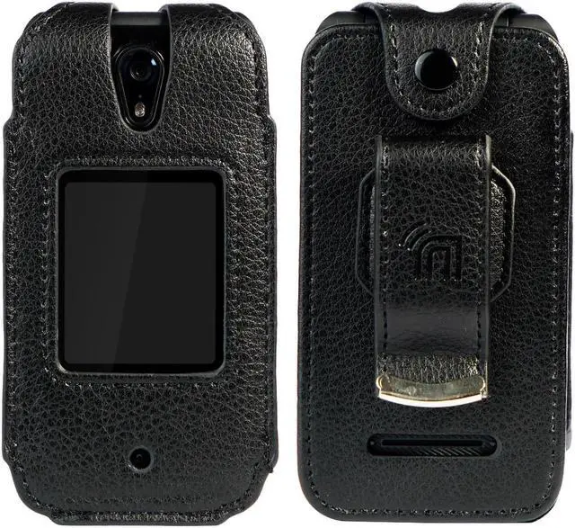 Alt view image 3 of 8 - case for schok flip phone, nakedcellphone brand [black vegan leather] form-fit cover with [built-in screen protection] and [metal belt clip] for schok classic flip phone (sc3218)