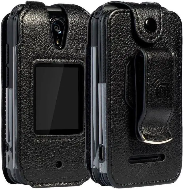 Alt view image 2 of 8 - case for schok flip phone, nakedcellphone brand [black vegan leather] form-fit cover with [built-in screen protection] and [metal belt clip] for schok classic flip phone (sc3218)