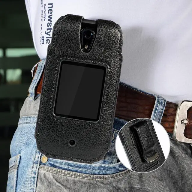 Alt view image 7 of 8 - case for schok flip phone, nakedcellphone brand [black vegan leather] form-fit cover with [built-in screen protection] and [metal belt clip] for schok classic flip phone (sc3218)