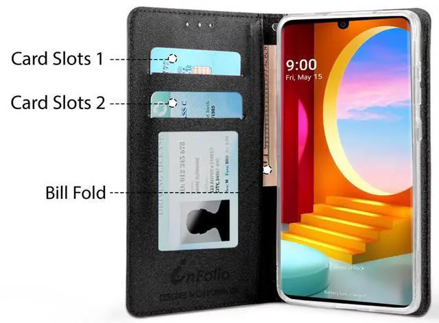 Alt view image 2 of 6 - Black Wallet Case ID Card Slot Wrist Strap Lanyard for LG Velvet Phone LM-G900M