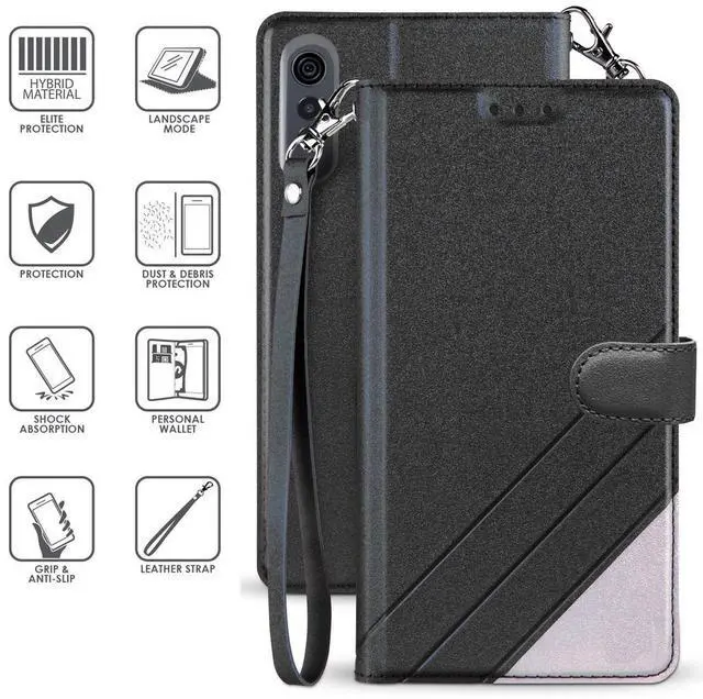 Alt view image 5 of 6 - Black Wallet Case ID Card Slot Wrist Strap Lanyard for LG Velvet Phone LM-G900M