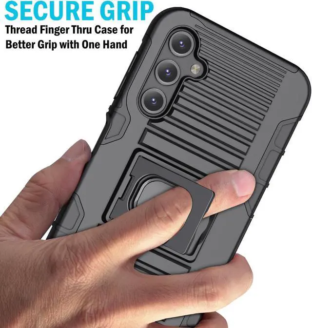 Alt view image 2 of 7 - Black Rugged Case with Ring Grip Stand for Samsung Galaxy A14 5G Phone