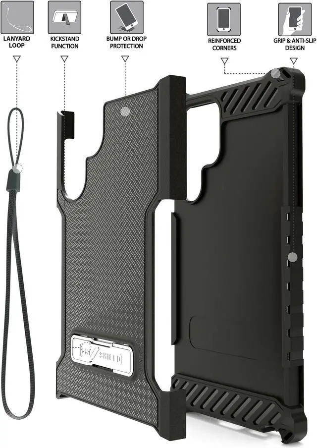 Alt view image 4 of 7 - Black Hybrid Anti-Shock Case Cover Kickstand and Strap for Galaxy S22 Ultra 5G