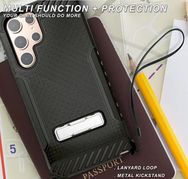 Alt view image 6 of 7 - Black Hybrid Anti-Shock Case Cover Kickstand and Strap for Galaxy S22 Ultra 5G