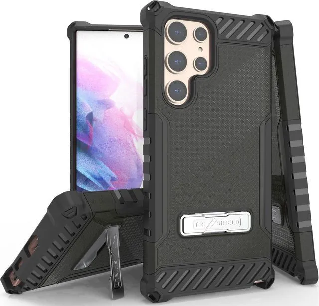 Main image of Black Hybrid Anti-Shock Case Cover Kickstand and Strap for Galaxy S22 Ultra 5G