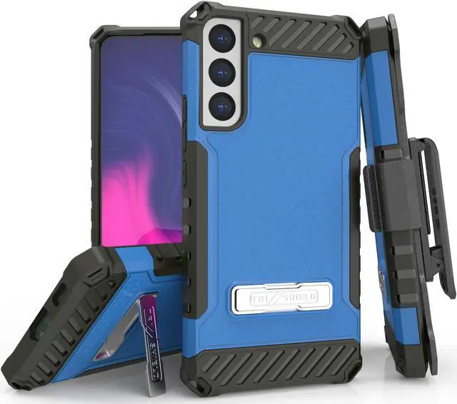 Main image of Blue Rugged Case Cover Stand + Belt Clip Holster + Strap for Galaxy S22 Plus 5G